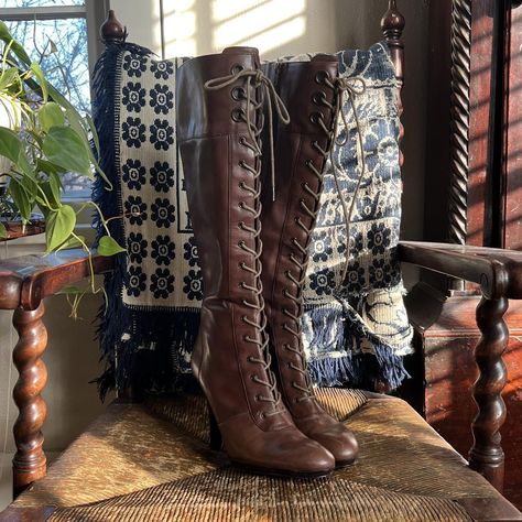 Vintage 2000s tall lace up leather boots by Nine... - Depop Vintage Lace Up Boots Outfit, Vintage Brown Lace Up Boots, Brown Knee High Lace Up Boots, 60s Lace Up Boots, Thigh High Lace Up Boots, Tall Lace Up Boots Outfit, Vintage Thrift Finds, Brown Boots Aesthetic, Leather Boots Aesthetic