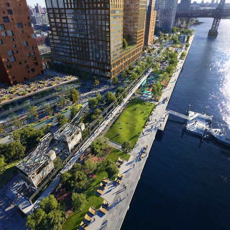 Domino redevelopment’s massive waterfront park will open in summer 2018 - Curbed NYclockmenumore-arrow : The Williamsburg waterfront is set to get a new piece of parkland Waterfront Architecture, Villa Architecture, Shop Architects, Landscape Gardening, Sugar Factory, Linear Park, Park In New York, Park Landscape, Urban Architecture