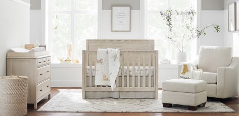 Pottery Barn Nursery, Gender Neutral Nursery Inspiration, Kids Bed Furniture, Nursery Inspiration Neutral, Glider And Ottoman, Baby Checklist, Playroom Furniture, Baby Bedding Sets, Convertible Crib