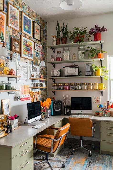 Home office with two desks, computer screens, plants, and colorful wall art. Workspace Room Ideas, Workspace Wall Decor, Art Desk In Bedroom, Gen Z Office Decor, Art Studio Decorating Ideas, Art Area In Bedroom, Cozy Art Room, Colorful Home Office Ideas, Office At Home Ideas