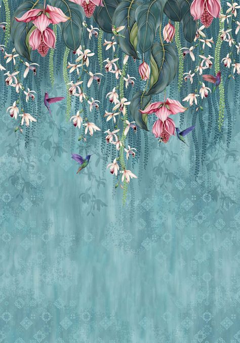 Tapet Inspiration, Osborne And Little Wallpaper, Orchid Wallpaper, Teal Wallpaper, Pink Orchids, Hanging Flowers, Teal And Pink, Wallpaper Panels, Designers Guild