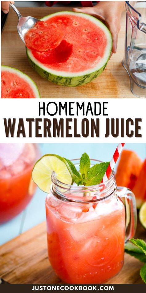 This homemade Watermelon Juice tastes like summer in a glass! With a hint of lime and garnished with mint, this sweet and delicious drink will cool you down on a hot summer day! Juice Video, Watermelon Recipes Drinks, Watermelon Juice Recipe, Lime Drinks, Watermelon Cocktail, Hot Drinks Recipes, Watermelon Drink, Hot Cocoa Recipe, Plant Based Diet Recipes