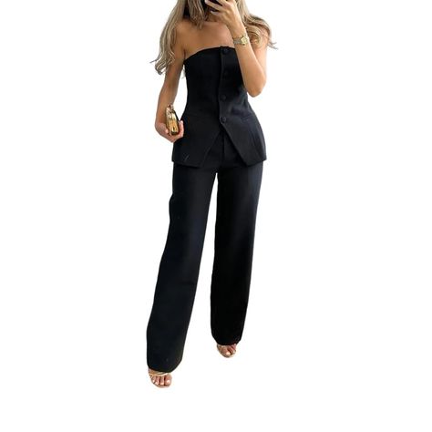 PRICES MAY VARY. 【Chic Two-Piece Set】: Elevate your style with our 2024 collection featuring a solid color tube top and high-waisted straight-leg pants that showcase your tall and slender figure. 【Button Details and Sleeveless Style】: The button-up bandeau top with a sleeveless and open back design provides ample freedom and flexibility for your upper body, ensuring a cool and breezy feel. 【Versatile Formal and Casual Style】: This bandeau top and high-waisted pants set effortlessly transitions b Short Dress White, High Waist Wide Leg Pants, Sleeveless Outfit, Wide Leg Dress Pants, Summer Work, Summer Work Outfits, Interview Outfit, Top Pants Set, Teacher Outfits