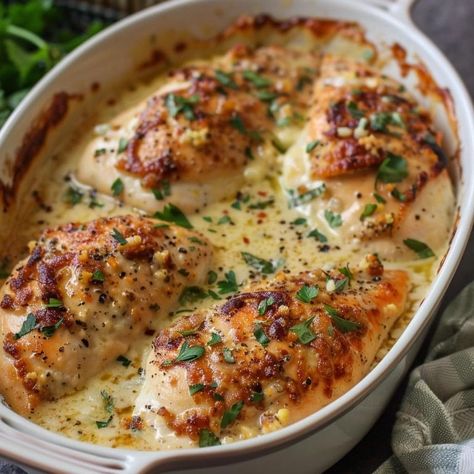 Baked Caesar Chicken Creamy Caesar Chicken And Mushroom Bake, Cesar Chicken Baked, Ceaser Chicken Breast Recipes, Caesar Chicken Baked, Baked Caesar Chicken, Parmesan Baked Potatoes, Caesar Chicken, Sour Cream Sauce, Caesar Dressing