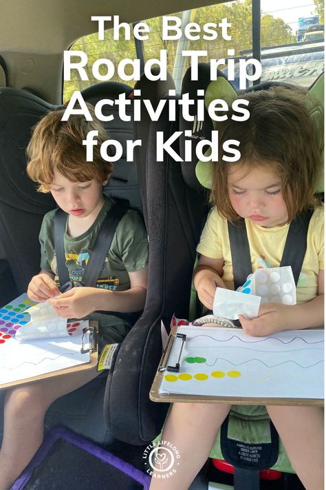 Car activities for road trips with kids by Little Lifelong Learners. Traveling with kids can be hard work! We're sharing our favourite road trip activities for kids to inspire you for your next family adventure. From dot sticker activities to road trip bingo printables, we have lots of fun travel activities for kids to keep them entertained and happy during long car rides. Read the blog post to learn more! Travel Tray For Kids, Car Trip Activities, Car Ride Activities, Toddler Road Trip, Trip Games, Trip Activities, Car Activities, Travel Tray, Travel Printables