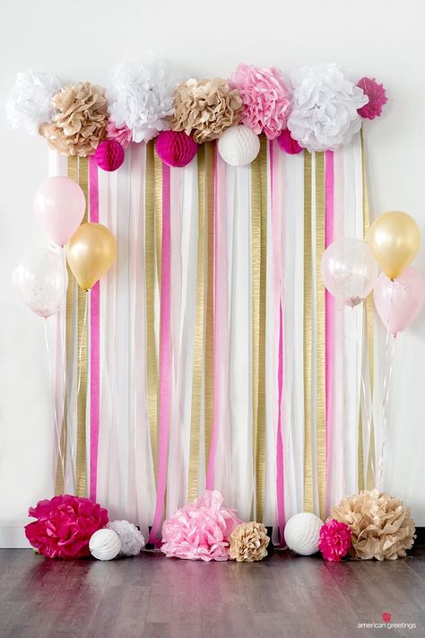 Pink and Gold Engagement Party Ideas - American Greetings Pink And Gold Birthday Party, Fest Temaer, Paper Pom Pom, Gold Tissue Paper, Tissue Paper Pom Poms, Gold Birthday Party, Diy Birthday Decorations, Seni Origami, Gold Party