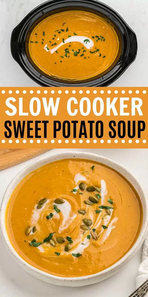 Gluten Free Crock Pot, Crock Pot Sweet Potatoes, Gluten Free Crock Pot Recipes, Freeze Sweet Potatoes, Sweet Potato Soup Recipes, Vegan Crockpot, Slow Cooker Sweet Potatoes, Crock Pot Recipe, Soup Vegan