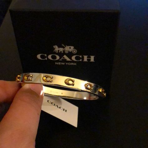 Gorgeous Silver Signature Coach Bangle. Silver Hinged Bangle Bracelet With Gold Signature C Motifs Across The Front Gold Bangle Stack, Coach Bracelets, Coach Bangle, Gold Bracelets Stacked, Dope Jewelry Accessories, Gold And Silver Jewelry, Stackable Bangles, Bangle Silver, Coach Jewelry