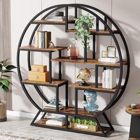 Amazon.com: Tribesigns Bookshelf, Round Bookshelves Etagere Bookcase, 63 Inch Industrial Wood Book Shelf with Staggered Shelves, Rustic Open Shelving Organizer Rack Display Shelf for Home Office, Living Room : Home & Kitchen Tribesigns Bookshelf, Round Bookshelf, Staggered Shelves, Wood Book Shelf, Library Decorations, Geometric Bookcase, Unique Bookshelves, Industrial Bookshelf, Metal Bookshelf