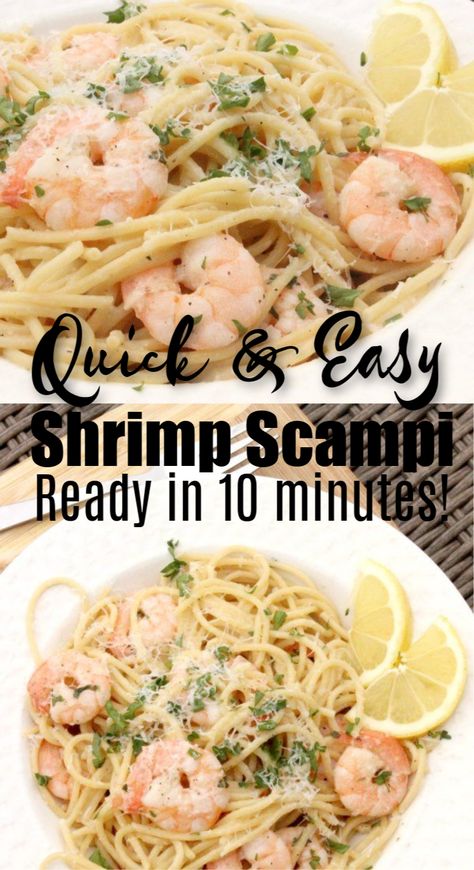 Does your family love shrimp as much as mine does? If so, you are going to love this simple and quick shrimp scampi recipe without wine. You will have dinner ready on the table within 10 minutes. This is perfect for those busy weeknight dinners and the entire family will enjoy this one! #eatingonadime #shrimp #scampi #pasta #recipes #dinnerrecipes #quickandeasy #dinner Shrimp Scampi Recipe Without Wine, Scampi Shrimp, Garlic Shrimp Scampi, Easy Shrimp Scampi, Recipe Shrimp, Lemon Shrimp, Lemon Garlic Shrimp, Shrimp Scampi Recipe, Scampi Recipe