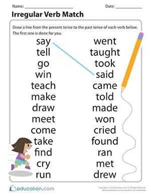 Do your students struggle to remember irregular verb tenses? Use this great matching activity to help students connect the present to the past. They'll be using irregular past tense verbs with confidence in no time! Verbs First Grade Activities, Past Form Of Verbs Worksheet, Irregular Past Tense Verbs Worksheet, Irregular Verbs Worksheet, Irregular Verbs List, Match Worksheet, Past Tense Worksheet, Teaching Verbs, Aktiviti Prasekolah