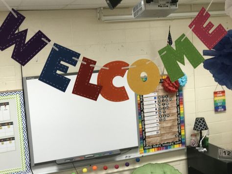 Welcome classroom sign hanging from ceiling @mrssecondyearteacher Class Ceiling Decoration, 3d Hanging Art For Classroom, Ceiling Hanging Decor Diy Classroom, Preschool Ceiling Decorations, Classroom Hanging Decorations Ceilings Decorating Ideas, Classroom Ceiling Decorations Diy, Classroom Ceiling Decorations Preschool, Classroom Ceiling Decor, Hanging Ideas For School Decoration