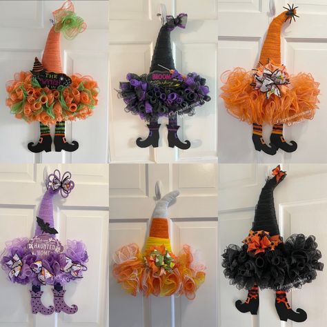 Sale! Nwot Witch Hat Wreaths Sale!! Many To Pick From See Individual Listings Tin Can Halloween, Witch Hat Wreaths, Witch Halloween Decorations, Witch Hat Door Hanger, Halloween Wreaths For Front Door, Witch Hat Wreath, Fall Door Decor, Hat Wreath, Witch Legs