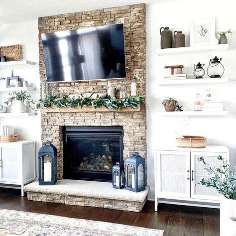 Shelving In Kitchen, White Floating Shelf, Floating Shelves Living Room, Bathroom Shelving, Fireplace Shelves, White Floating Shelves, Floating Shelves Bathroom, Fireplace Built Ins, Open Kitchen Shelves