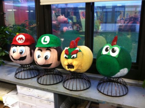 Mario brothers were a big hit this year. Mario Brothers Pumpkin Painting, Yoshi Pumpkin Painting, Mario Brothers Pumpkin, Mario Painted Pumpkin, Super Mario Pumpkin Painting, Bowser Pumpkin, Yoshi Pumpkin, Mario Pumpkin, Storybook Pumpkin