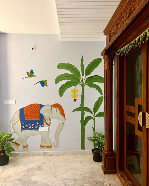 Indian mural art can add a touch of cultural richness and aesthetic appeal to your space, making it a meaningful and visually pleasing choice for wall decor. Mural from @adithireddy_m Indian Mural Art, Indian Wall Mural, Indian Mural Wall Art, Home Entrance Painting, Entrance Wall Painting, Indian Wall Painting, Indian Mural, South Indian Home Decor, Outdoor Wall Paint