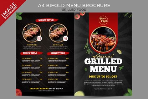 A4 grilled food bifold menu brochure ser... | Premium Psd #Freepik #psd #brochure #food #party #house Menu Brochure, Brochure Food, Grilled Food, Menu Flyer, Food Menu Template, Food Cover, Fast Food Menu, Food Template, Menu Design Template