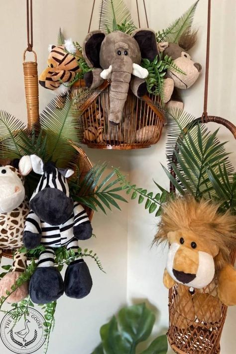 DIY NURSERY DÉCOR: SAFARI HANGING BASKETS - The Copper Goose Girl Jungle Nursery, Safari Nursery Theme, Jungle Nursery Boy, Jungle Baby Room, Jungle Theme Rooms, Kids Jungle Room, Baby Safari Nursery, Safari Room, Jungle Theme Nursery