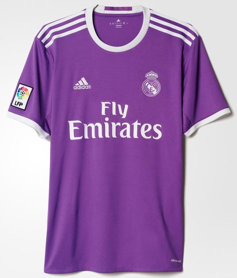 The 2016-17 Real Madrid away kit is purple for the first time in years, combined with white trim. Madrid Outfits, Real Madrid Kit, Real Madrid Jersey, Real Madrid Win, Camisa Real Madrid, Ronaldo Jersey, Madrid Jersey, Real Madrid Logo, Real Madrid Shirt