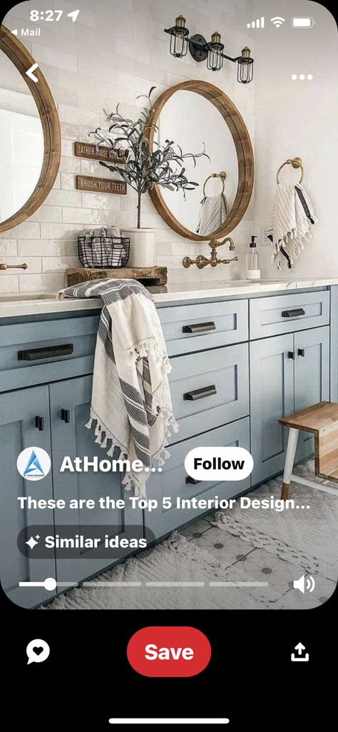 Farmhouse Accent Wall Bathroom, Master Bathtub Surround, Gray And White Farmhouse Bathroom, Modern Farmhouse Decor Inspiration, Boho Glam Master Room Bedroom Ideas, Master Bathrooms Blue, Costal Modern Bathroom, Single Bathroom Ideas, Bathroom With Wood Trim