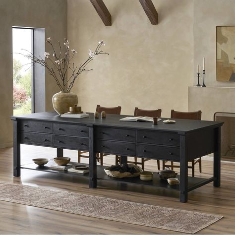 Gardendale Kitchen Island Stained Black Oak Veneer Four Hands Kitchen Island Features, Veneer Kitchen, Functional Kitchen Island, Kitchen Appliance Set, Iron Accents, Stained Oak, Small Space Kitchen, Oak Kitchen, Amber Interiors