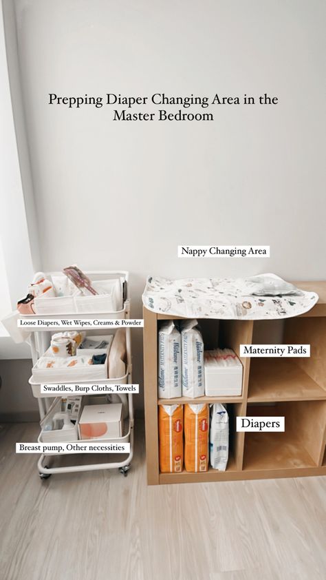 White Trolley - Shopee Shelf - IKEA Kallax Kallax Changing Table Hack, Ikea Kallax Changing Table, Baby Trolley Organiser, Kallax Changing Table, Trolley Organisation, Kallax Nursery, Baby Changing Table Organization, Ikea Changing Table, Ikea Trolley