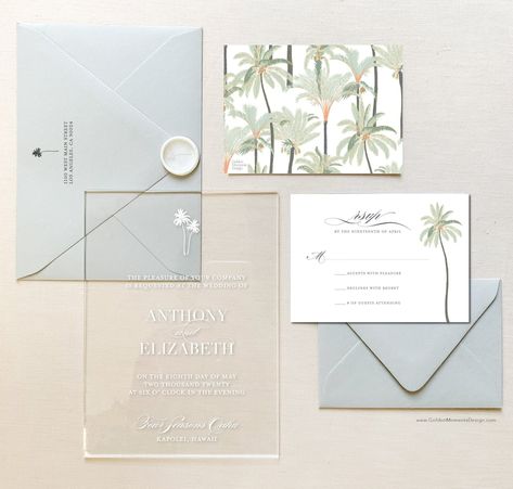 The Palm Collection Style No. 2 // Modern Destination Wedding Acrylic Invitation With Palm Tree Leaf // Tropical Hawaii Clear Invites - Etsy Australia Palm Tree Wedding Invitations, Modern Destination Wedding, Palm Tree Leaf, Wedding Acrylic, Acrylic Invitation, Vow Renewal Ceremony, Tropical Hawaii, Palm Tree Leaves, Acrylic Wedding Invitations