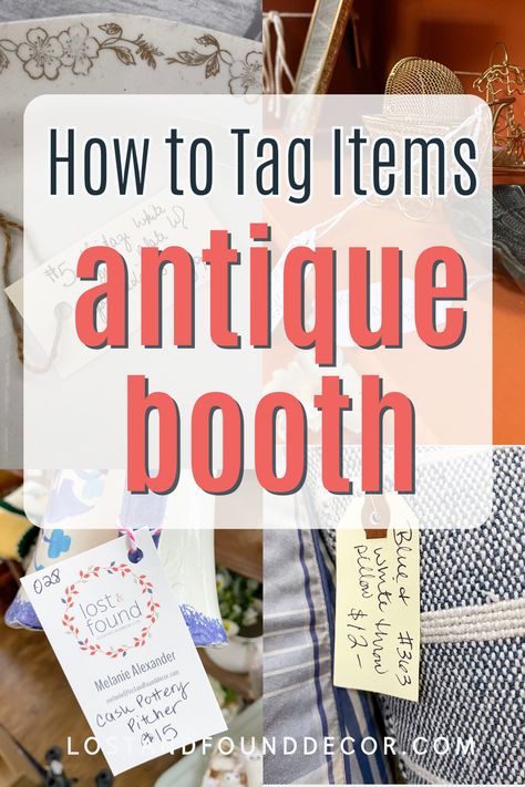 Whether you are a new antique booth vendor just getting started or a veteran looking to improve your branding, I'm sharing all my tips for how to tag your antique booth inventory. I share the pros and cons of what types of tags to use as well as major no-no's that will hurt your sales Vintage Shop Ideas Business, Antique Booth Ideas Vintage Shop Displays, Antique Booth Ideas Staging Vintage, Antique Booth Ideas Staging, Antique Mall Booth Ideas, Mobile Boutiques, Vintage Market Booth, Flea Market Business, Antique Business