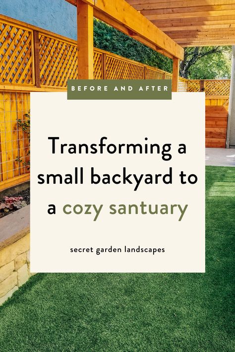 Transforming a small backyard to a cozy sanctuary by Secret Garden Landscapes. I always love a good small yard. Smaller yards create interesting challenges because you need to make every inch of the space functional. It is actually quite a fun endeavor. #backyardtransformation #backyard #backyardlandscapinngdesign #smallbackyard Private Small Backyard, Small Cottage Backyard Ideas, Low Maintenance Small Backyard, Backyard Inspiration Landscapes, Small Backyard Layout, Cottage Backyard, Budget Landscaping, Small Patio Design, California Backyard