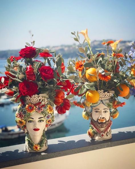 Sicilian Pottery, Sicilian Decor, Sicilian Wedding, Italian Party, Sicily Wedding, Mediterranean Wedding, Keramik Design, White Lotus, Head Vase