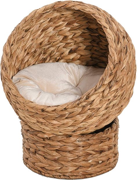 PawHut Woven Banana Leaf Elevated Cat Bed Wicker Kitten Basket Pet Den. House Cozy Cave with Soft Cushion Dome 42x33x52cm Brown : Amazon.co.uk: Pet Supplies Elevated Cat Bed, Wicker Cat Bed, Cat Egg, Niche Chat, Kitten Beds, Cat Seat, Cat Basket, Cat Cave, Beige Cushions