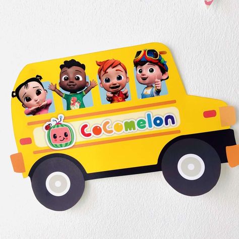 Cocomelon Wheels on the Bus Party | CatchMyParty.com Cocomelon School Bus Printable, Cocomelon Bus Diy, Cocomelon Bus Png, Wheel On The Bus Birthday Theme, Cocomelon Free Printables, Bus Birthday Party Ideas, Cocomelon Invite, Cocomelon School Bus, Cocomelon Wheels On The Bus