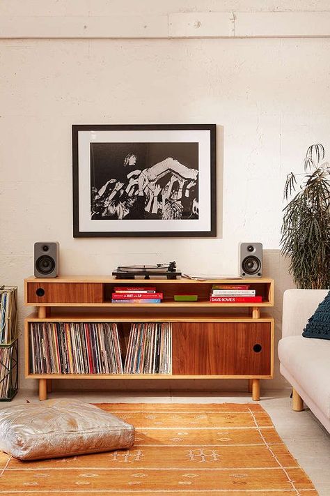 Our Favorite Affordable Home Destination Is Having A Major Sale... we're loving this mid-century modern book credenza and record holder! Mid Century Modern Media Console, Book Shelving, Wood Media Console, Modern Media Console, Vinyl Room, Record Room, Media Consoles, Entertainment Units, Audio Room