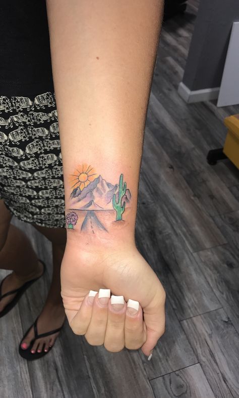 #arizona #scenery #tattoo #cactus #mountains #sun Arizona Tattoo Sleeve, Cactus With Sun Tattoo, California Desert Tattoo, Cactus Sunset Tattoo, Arizona Mountain Tattoo, Mountain Cactus Tattoo, Mountain And Cactus Tattoo, Grand Canyon Tattoo Ideas, Arizona Cactus Tattoo