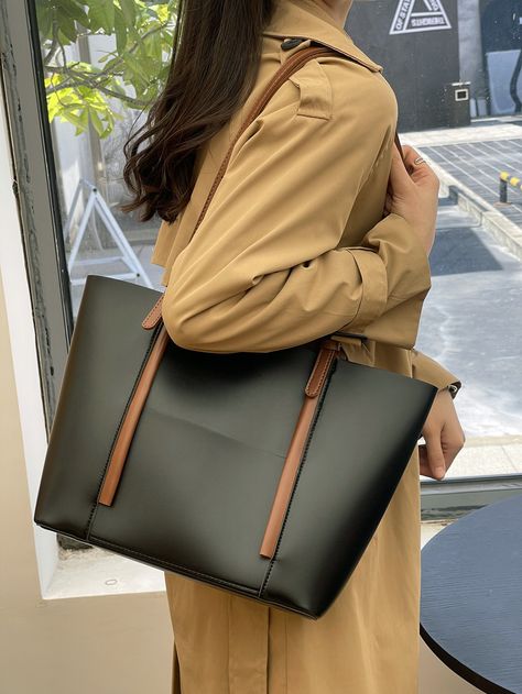 Black Elegant   PU Leather Plain Shoulder Tote Bag Embellished   Women Bags Shoulder Tote Bag, Colour Block, Womens Tote, Shoulder Tote, Leather Tote, Art Set, Bags Women, Color Blocking, Tote Bags