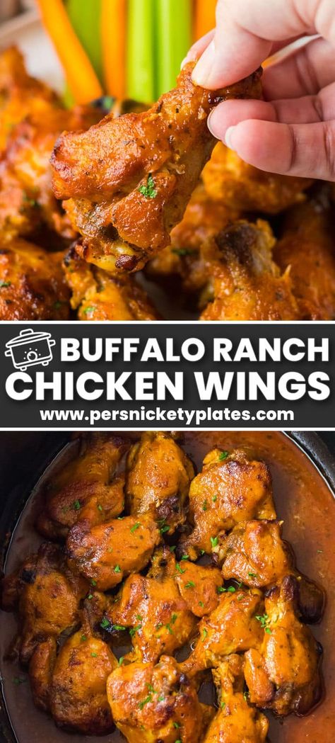 Buffalo ranch crockpot chicken wings combine buffalo sauce and ranch into one utterly delicious flavor combination. Smothered in a tangy, spicy, zesty sauce, the wings are slow cooked until the meat falls off the bones then made crispy and caramelized under the broiler! Ranch Crockpot Chicken, Ranch Wings Recipe, Crockpot Chicken Wings, Ranch Crockpot, Ranch Chicken Wings, Garlic Chicken Wings Recipe, Chicken Wings Crockpot, Buffalo Chicken Wings Recipe, Persnickety Plates