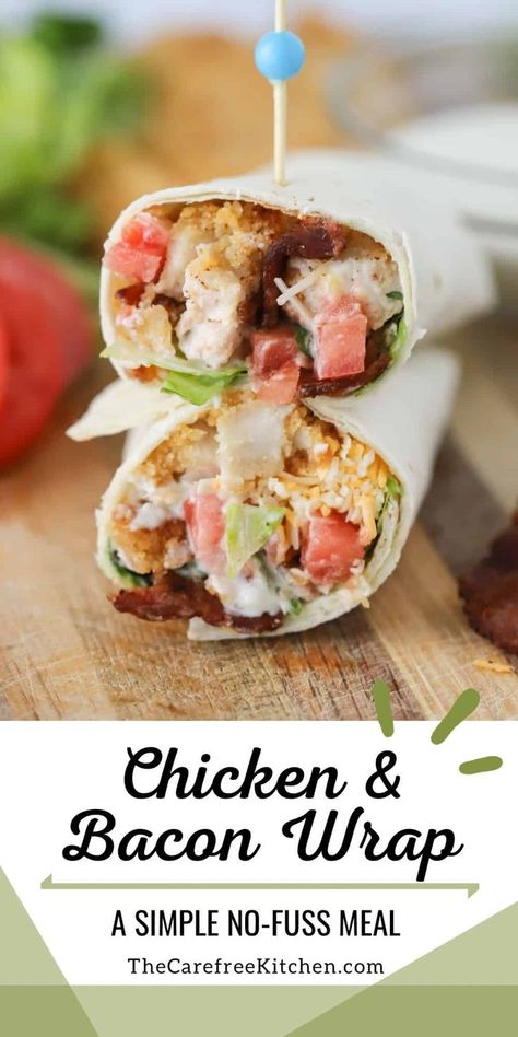 This crispy Chicken and Bacon Wrap is a quick and easy lunch or dinner that tastes great and couldn’t be easier. It’s loaded with crispy chicken tenders, bacon, cheese, lettuce, tomatoes, and a drizzle of ranch dressing all tucked into a flour tortilla. #thecarefreekitchen #chicken #bacon #wrap #lunch #easydinner #ranch #chickentenders #mealprep Easy Paleo Lunches, Bacon Ranch Wraps, Lunch Recipies, Ranch Wraps, Chicken Bacon Ranch Wrap, Wraps Recipes, Clean Eating Lunch, Cooking Chicken, Bacon Wrapped Chicken