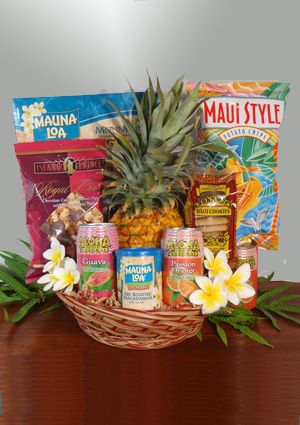 Tropical Basket Ideas, Hawaii Themed Gift Basket, Tropical Gift Basket Ideas, Hawaiian Themed Gift Basket, Luau Gift Basket, Beach Themed Basket, Hawaii Gift Basket Ideas, Hawaiian Gift Basket Ideas, Hawaii Gift Basket