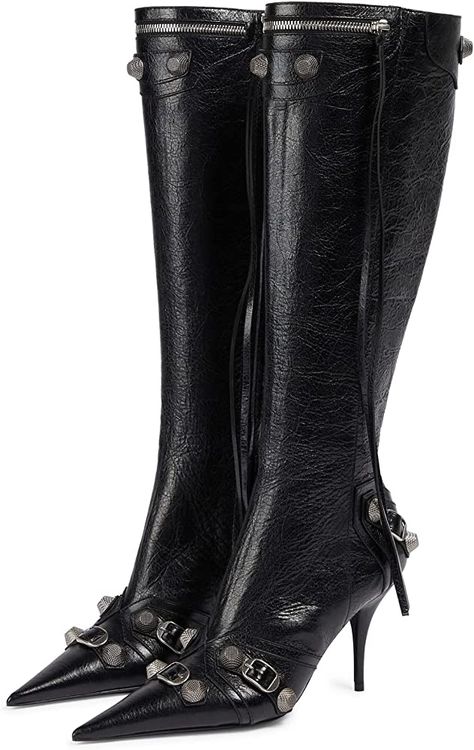 Pointy Heels, All Black Shoes, Punk Boots, High Heel Boots Knee, Womens Stilettos, Studded Boots, Stiletto Boots, Black Boots Women, Knee High Leather Boots