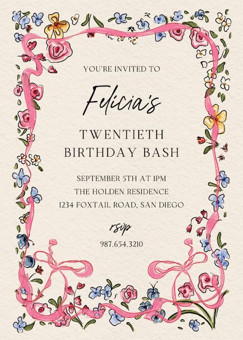 Flourished Love - Birthday Invitation Template (Free) | Greetings Island Farewell Party Invitations, Birthday Invitation Design, Butterfly Birthday Cards, Template Birthday, House Warming Invitations, Greetings Island, Bbq Invitation, Garden Birthday, Engagement Announcement