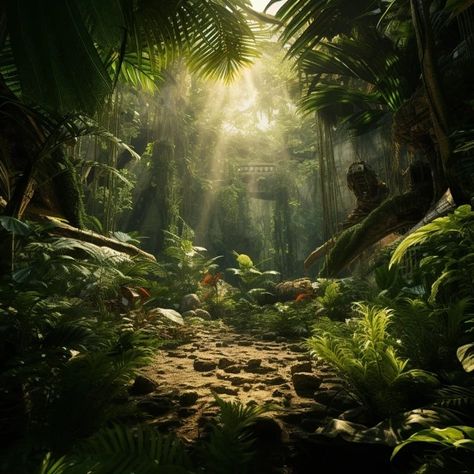 Image Free Download | In a tropical rain forest, the sun shines on the ground through the leaves, miniatures, Jurassic, 16k, high resolution Tropical Rain Forest, Game Zone, Rain Forest, Tropical Rainforest, City Wallpaper, On The Ground, Promise Ring, Mood Board, The Sun