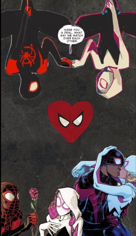 Spider Verse Wallpaper Gwen And Miles, Spiderman And Gwen Matching Wallpaper, Miles Morals And Gwen Stacy, Gwen Stacy Into The Spider Verse Wallpaper, Miles And Gwen Swinging Upside Down, Gwen And Miles Painting, Miles Morales Gwen Stacy Wallpaper, Gwen Stacy Ghost Spider Comics, Spiderman Across The Spider Verse Gwen And Miles