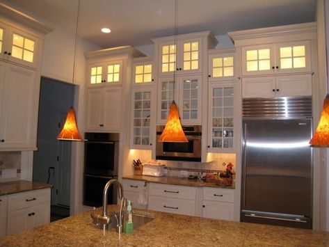 How to make cabinets up to the ceiling look good - 10 ft ceiling How To Make Cabinets, Staggered Kitchen Cabinets, Make Cabinets, Stacked Cabinets, Kitchen Cabinets To Ceiling, Cabinets With Crown Molding, Kitchen Soffit, Cabinets To Ceiling, Floor To Ceiling Cabinets