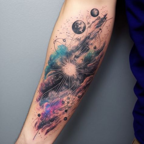 Space Tattoo Designs Color, Space Sleeve Tattoo Color, Watercolor Galaxy Tattoo Sleeve, Galaxy Tattoo Forearm, Watercolor Celestial Tattoo, Color Space Tattoo, Geometric Galaxy Tattoo, Space Tattoo Color, Watercolor Space Tattoo