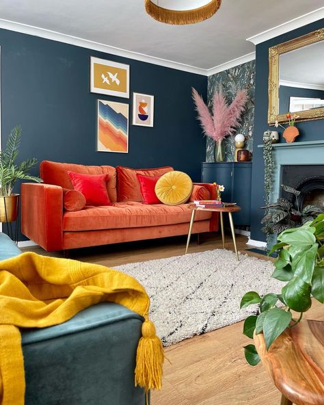 Blue Living Room Orange Sofa, Blue Walls Orange Sofa, Red Couch Blue Walls, Blue Orange Room, Burnt Orange Sofa Living Room, Blue And Orange Interior, Blue Orange Living Room, Orange Sofa Living Room, Orange And Blue Living Room