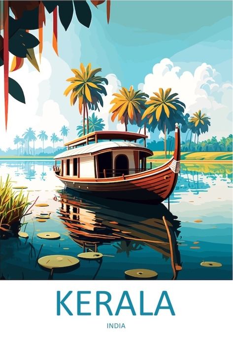 India Travel Posters, Indian Cities Illustration, Travel And Tourism Poster Design, Kerala Illustration, Visual Elements Of Art, Exterior Murals, India Poster, Travel Advertising, Travel Poster Design