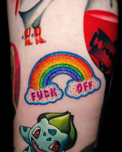 Small Embroidery Tattoo Ideas, 101 Tattoo, Pride Tattoo Ideas, Fancy Tattoo, Embroidery Tattoos, F Off, Pride Tattoo, Bright Tattoos, Embroidery Tattoo