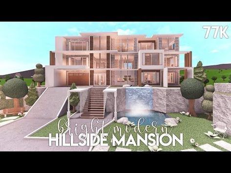 Hillside Mansion Bloxburg, Bloxburg House Ideas Mansion Layout, Hillside Mansion, Modern Mansion Interior, Bloxburg Beach House, Winter House Exterior, Preppy House, Mansion Bloxburg, Beach Mansion