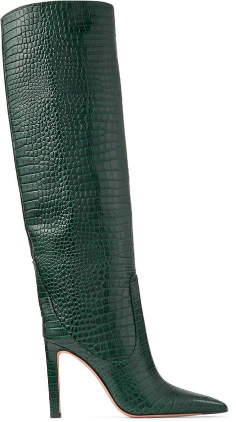 Jimmy Choo MAVIS 100 Dark Green Croc Embossed Leather Knee High Boots Green Knee High Boots, Round Toe Ankle Boots, Knee High Boots Flat, Womens High Boots, Leather Knee High Boots, Green Boots, Knee High Leather Boots, Boots Knee, Moda Vintage