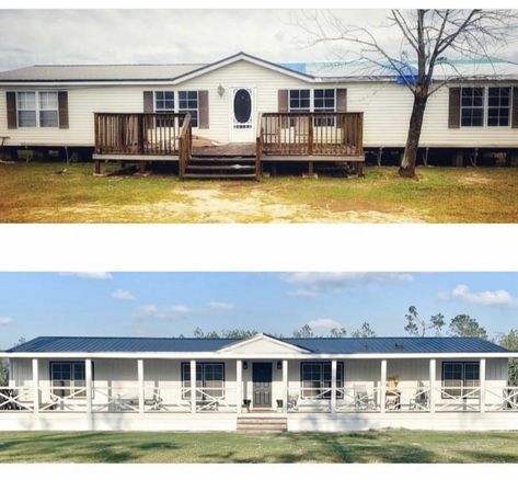 Shed House Porch Ideas, Remodel Modular Home Ideas, Modular Home Updates, Singlewide Trailer Remodel, Double Wide Front Porch, Double Wide Front Porch Ideas, Mobile Home Design, Manufactured Home Exterior, Wide Front Porch